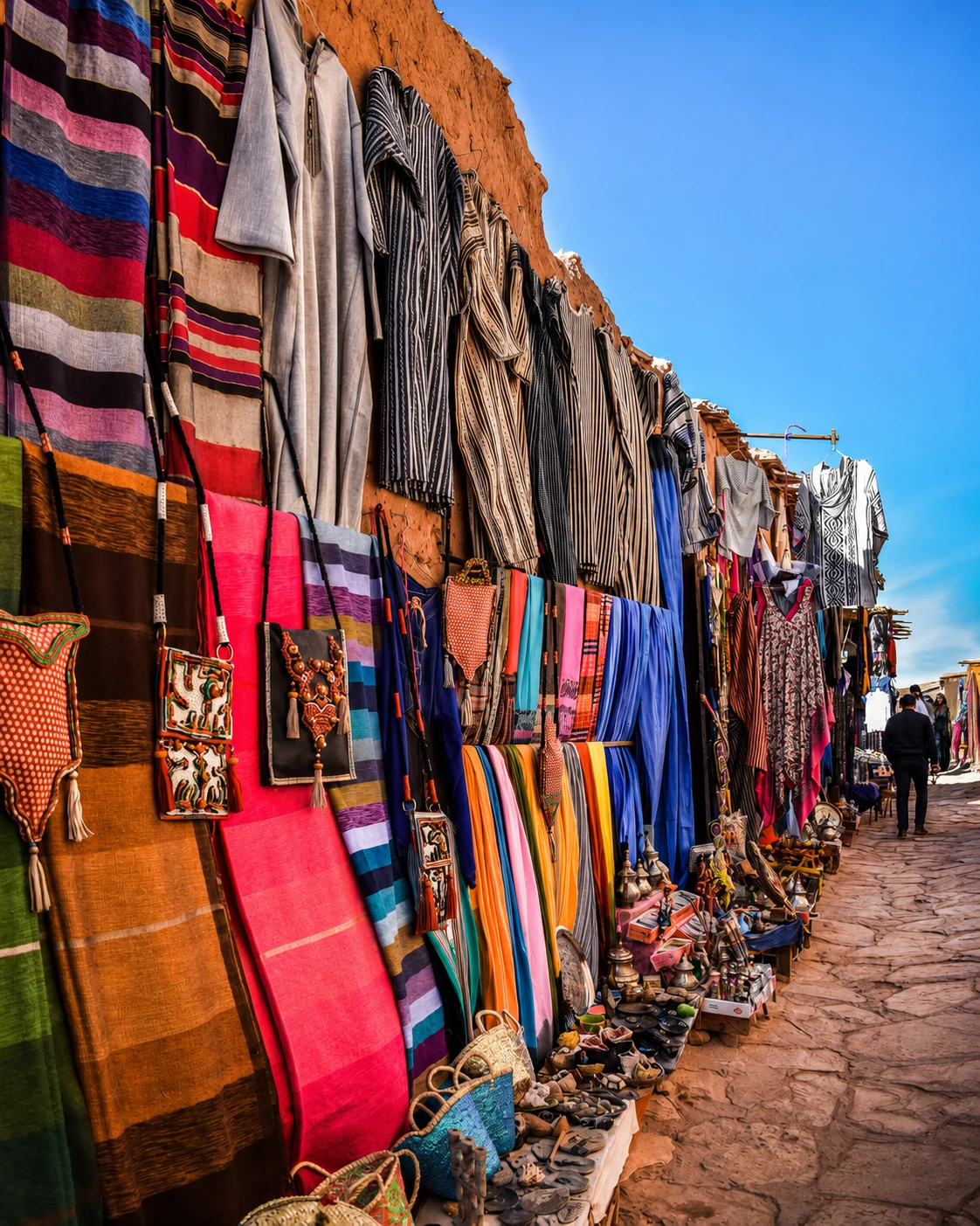 Textiles offered in Tinghir, from the Exotic Morocco image library. A market view provides material context, not a claim about the origin of a particular takchita.