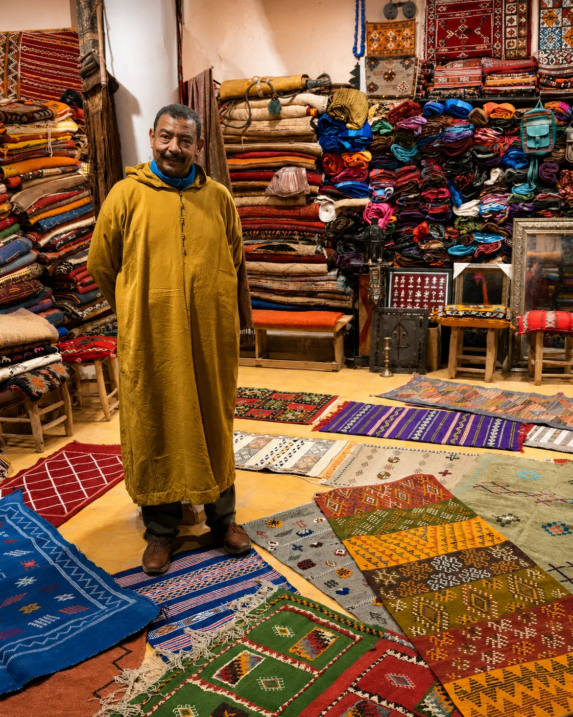 A textile shop in Rissani, from the Exotic Morocco library. A market display brings several kinds of woven object together.