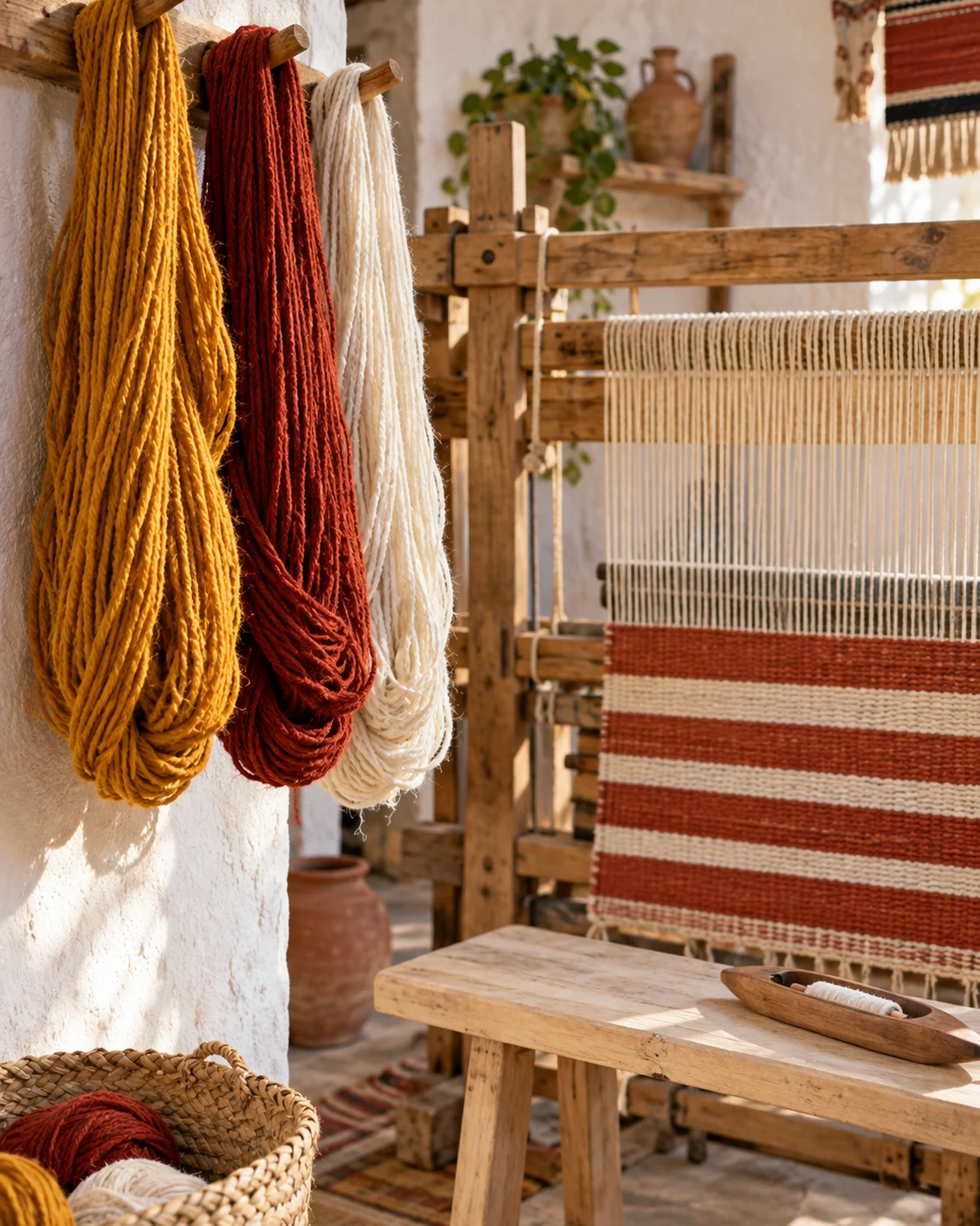 Wool yarn and a partly woven textile in an illustrative workshop study. AI-generated editorial illustration.