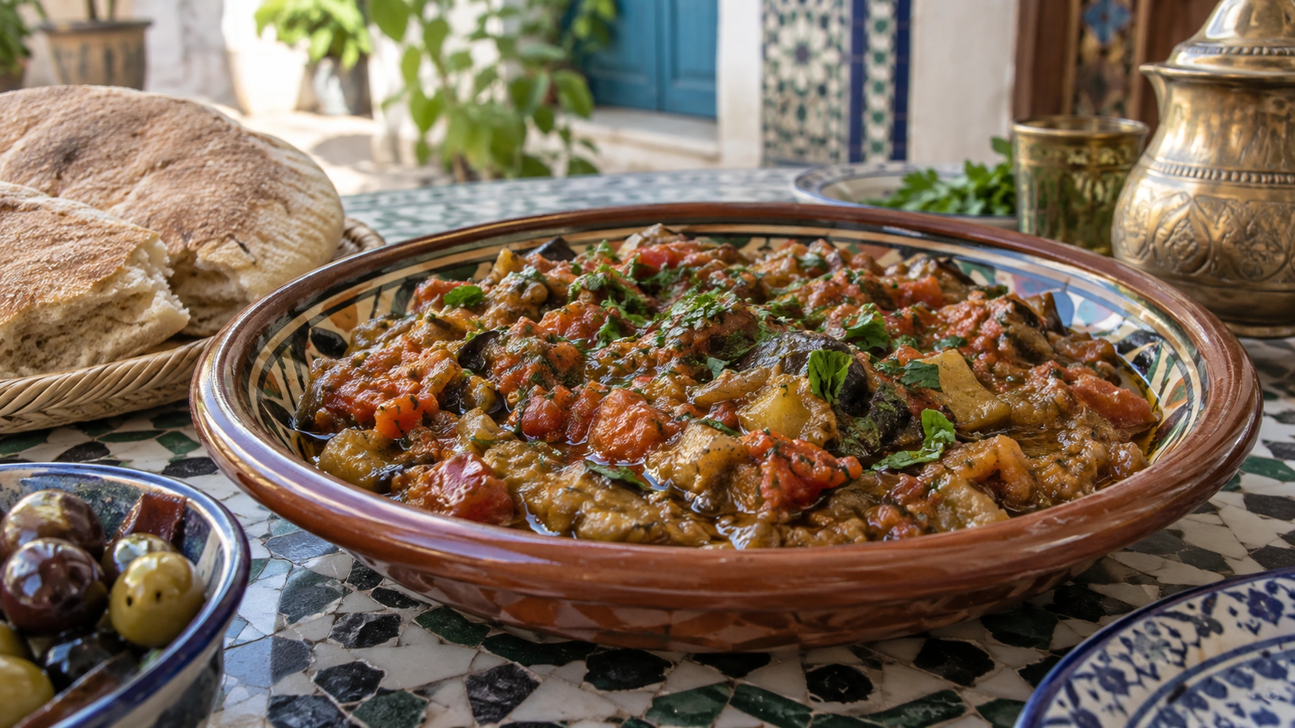 Moroccan zaalouk of aubergine and tomato on a ceramic platter with bread in a bright Moroccan courtyard