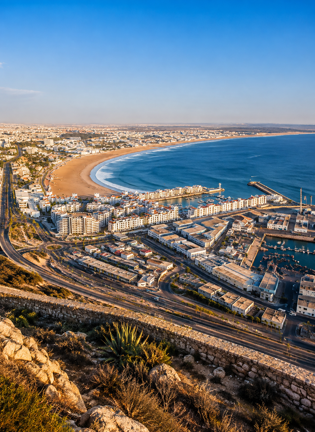 Agadir bay, marina, beach and city scale seen from above