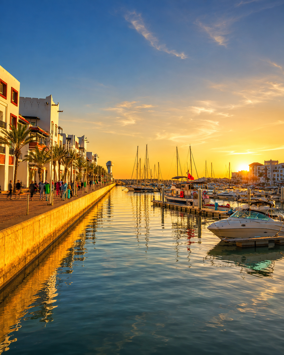 Agadir marina at sunset with waterfront reflections and boats