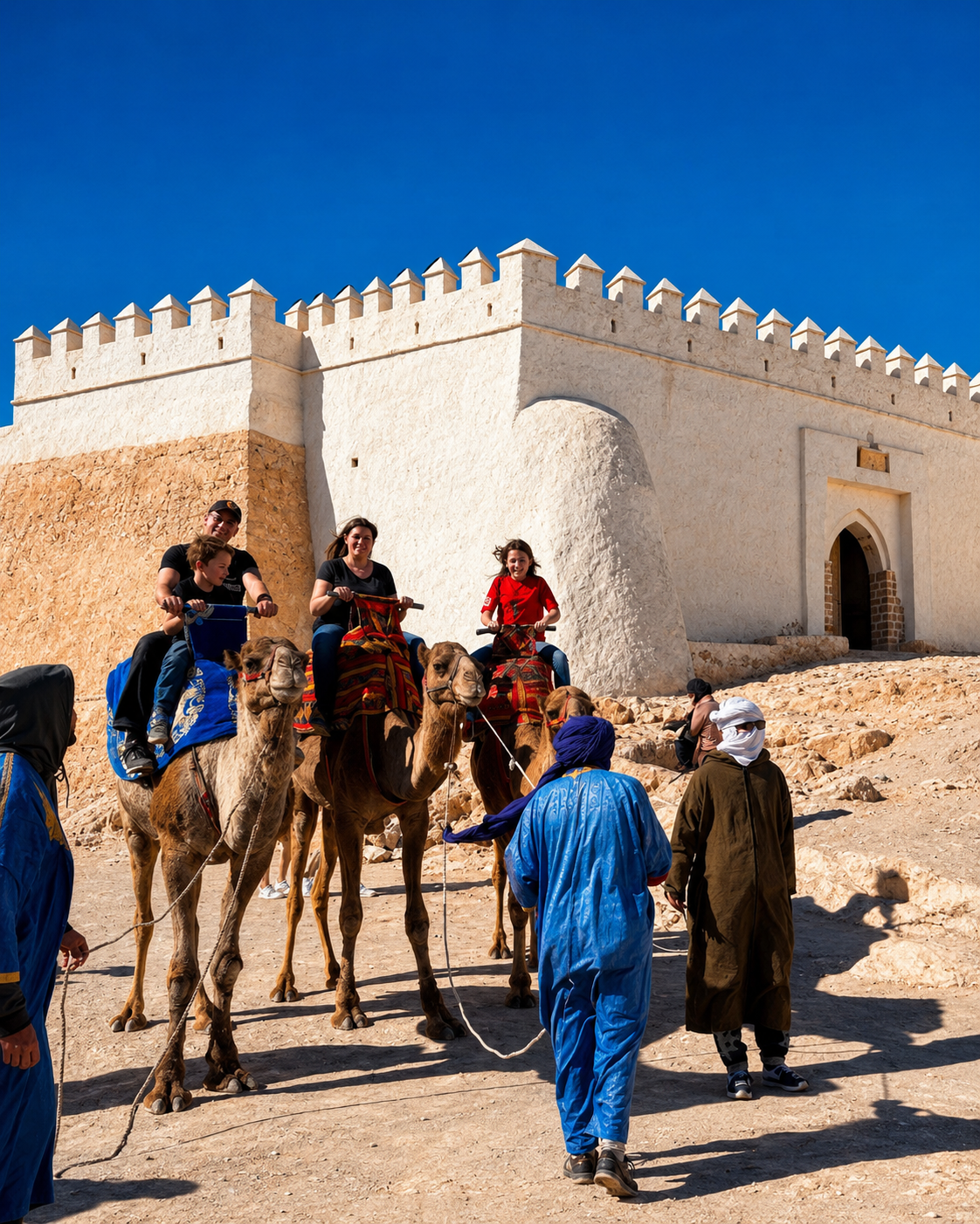 Camel rides beside the restored Agadir Oufella walls