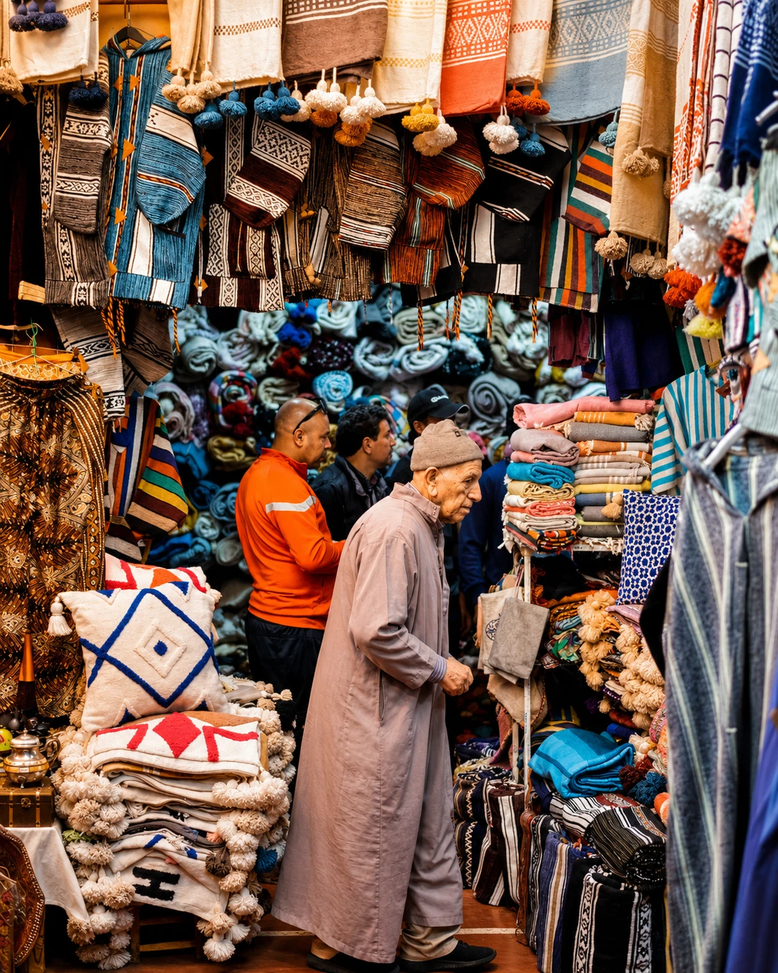 Textile stalls and woven goods inside an Agadir market