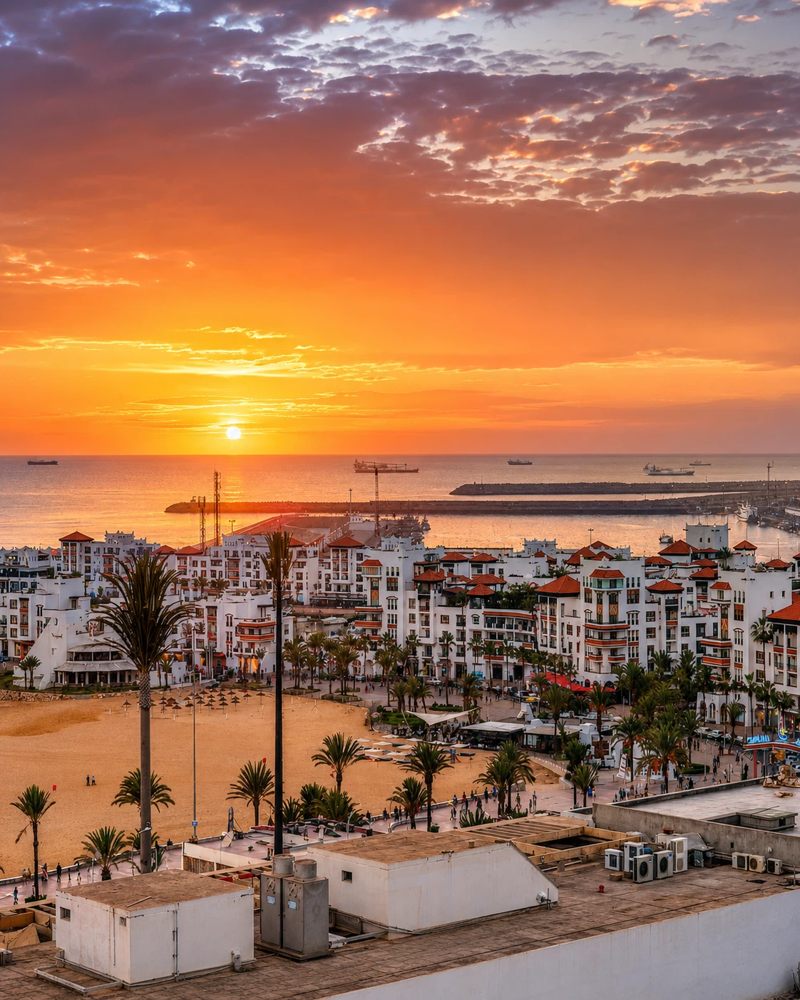 Agadir beachfront and Atlantic sunset over the rebuilt coastal city
