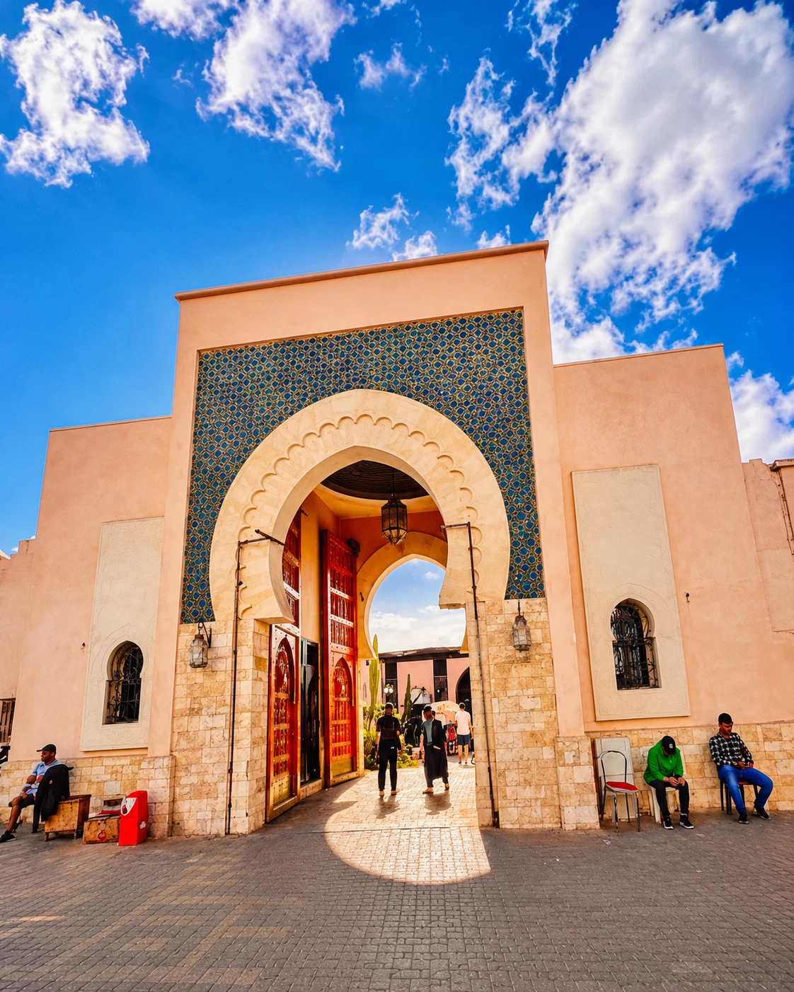 Souk El Had entrance gate and market movement in Agadir