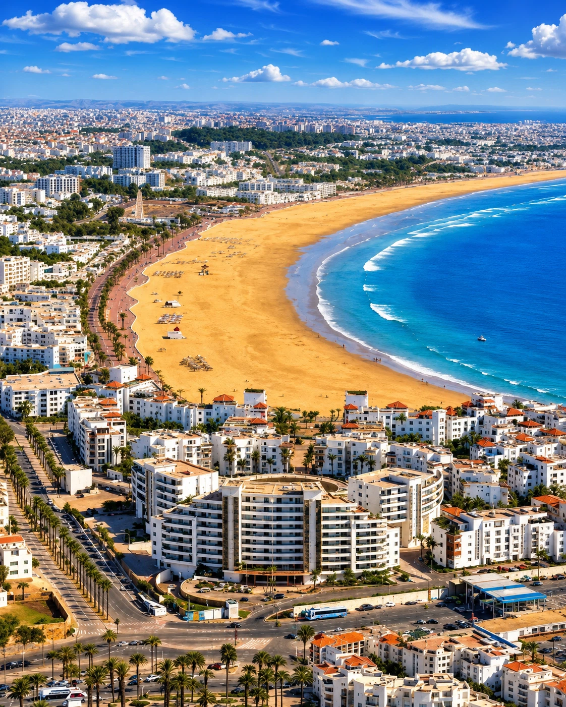 Agadir beach, bay and modern seafront from above