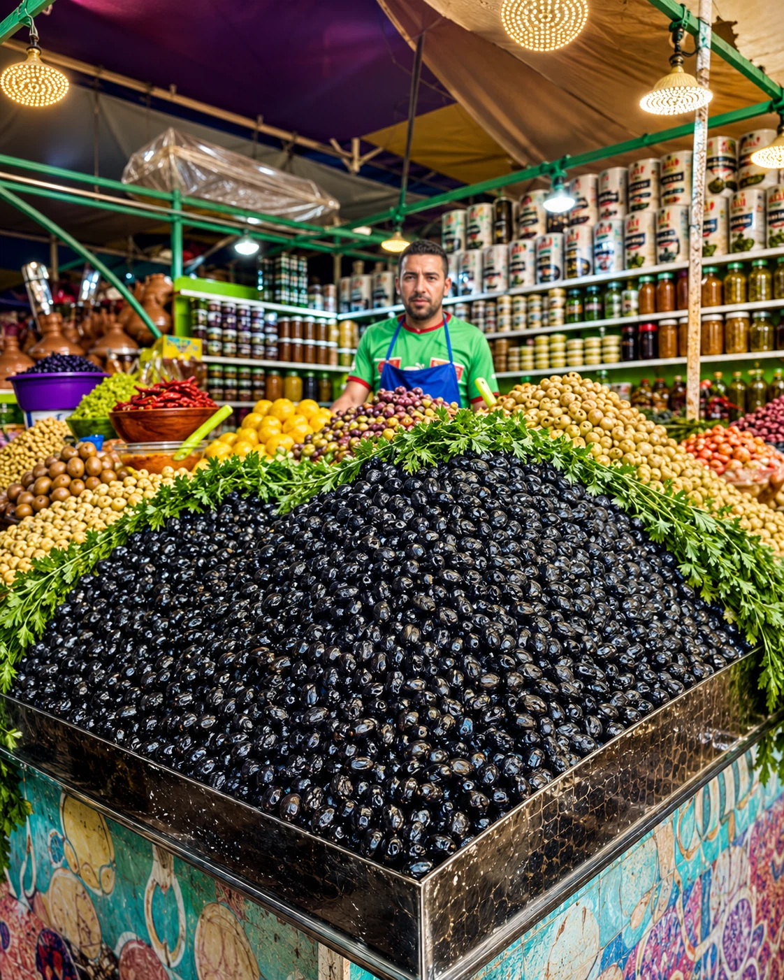 Olive stall and local market produce in Agadir