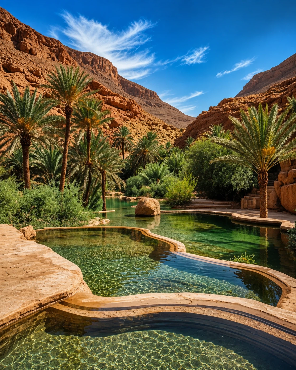 Paradise Valley palm landscape and clear rock pools near Agadir