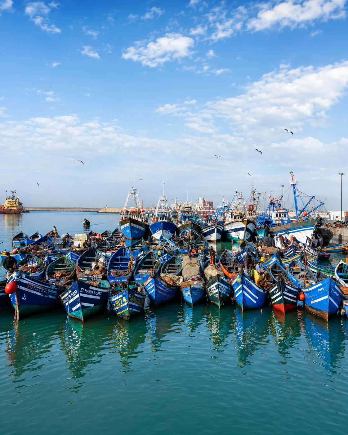 Blue fishing boats in Agadir harbour