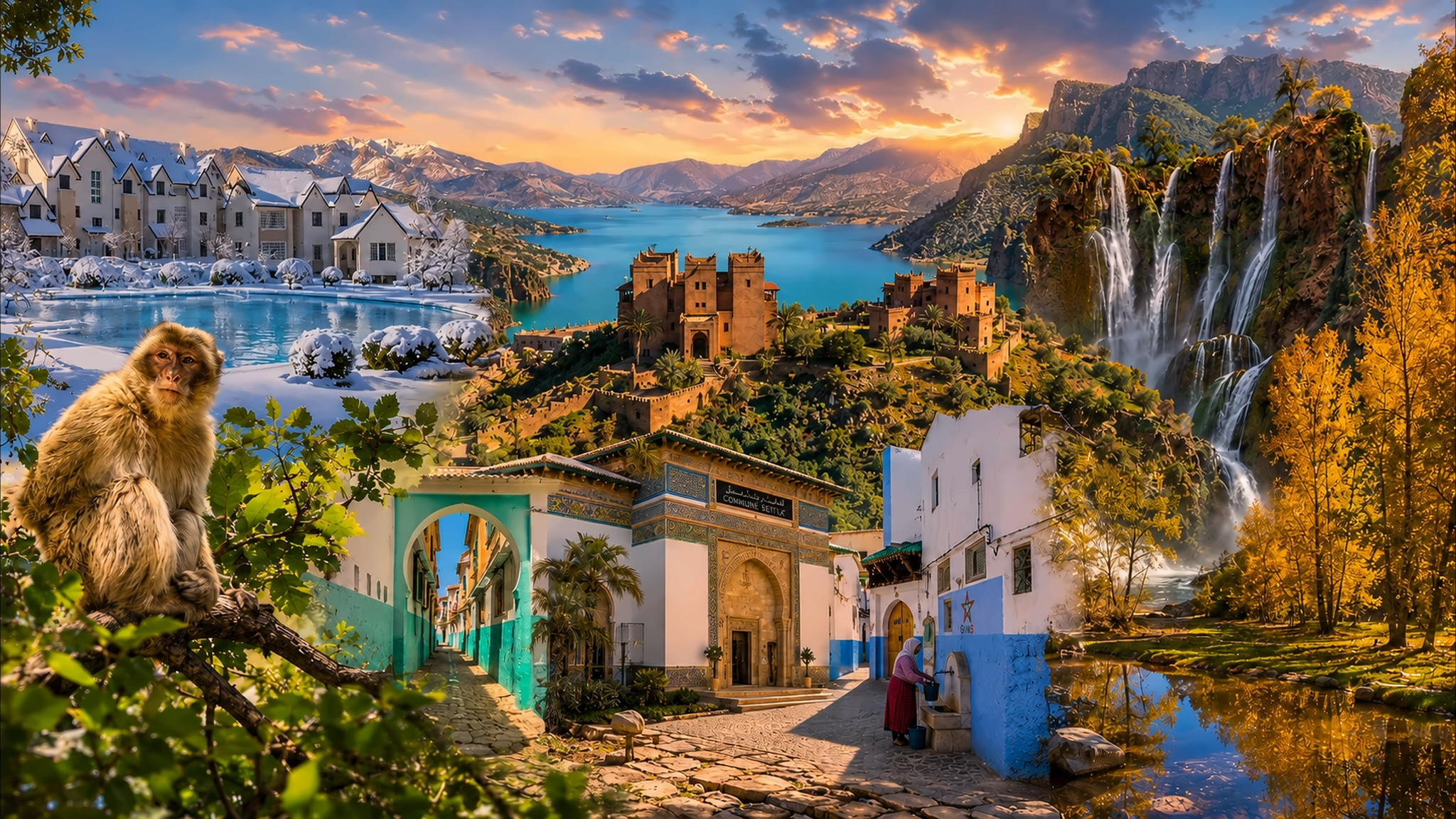 Composite panorama of Moroccan mountain landscapes, lakes, waterfalls and settlements across the Atlas Mountains