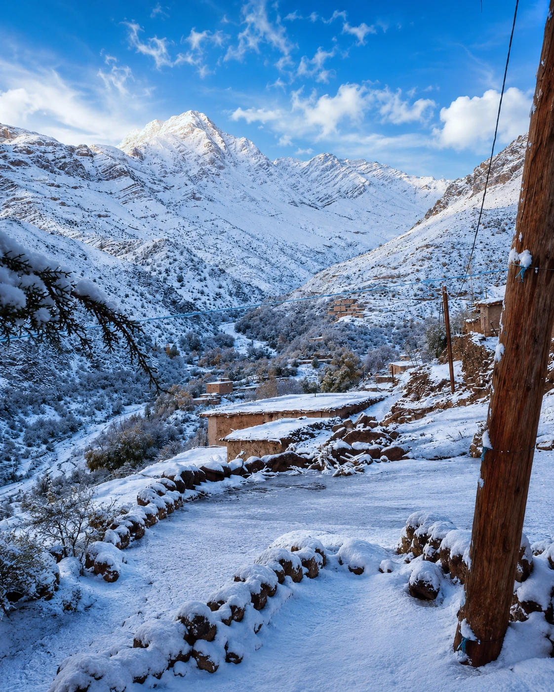 Snowy High Atlas valley in the Azilal region