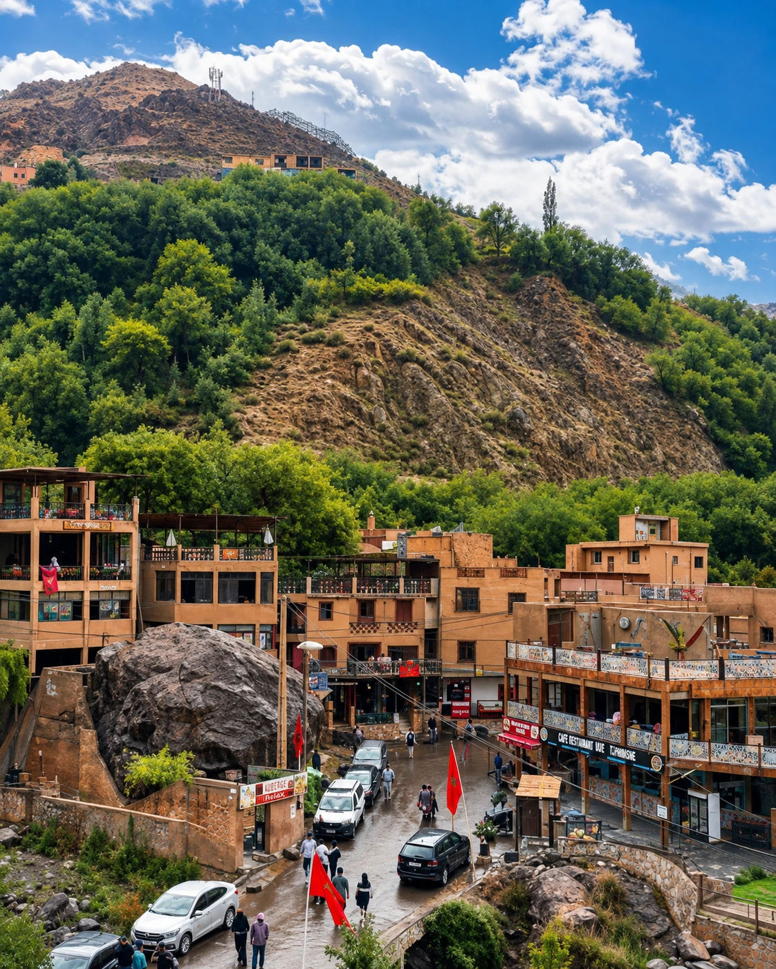 Azilal town life below mountain slopes
