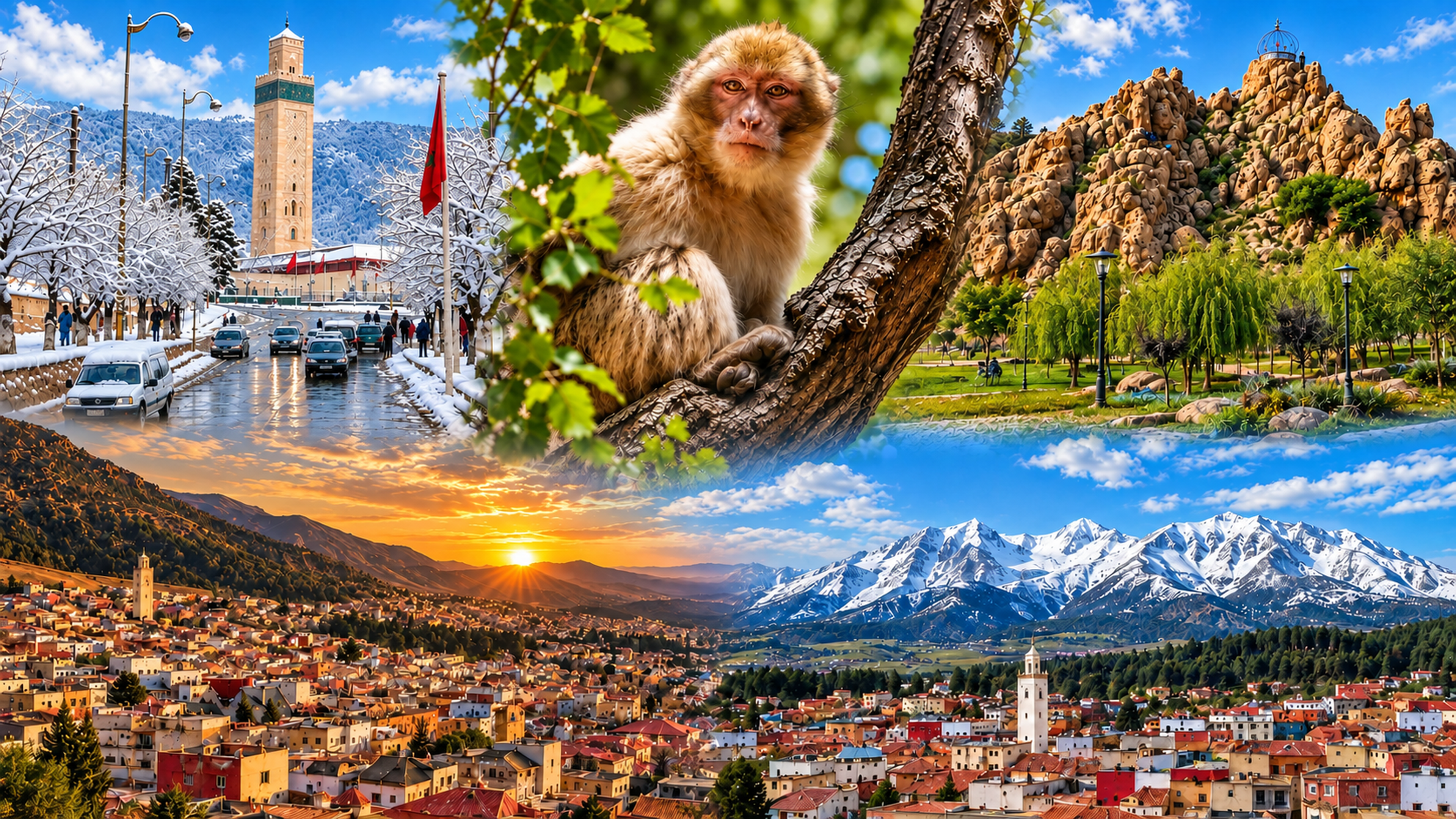 Azrou 4K hero collage with snowy mosque, cedar macaque, rock outcrop, lake light and Middle Atlas town views