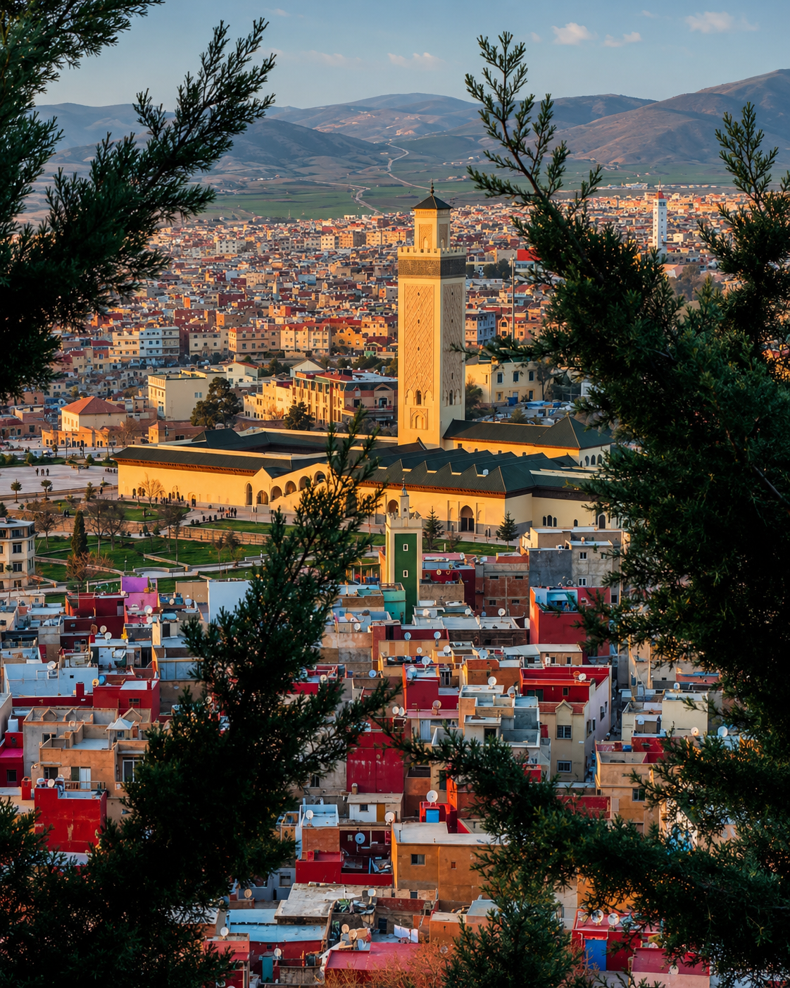 Azrou town and minaret rising below Middle Atlas hills