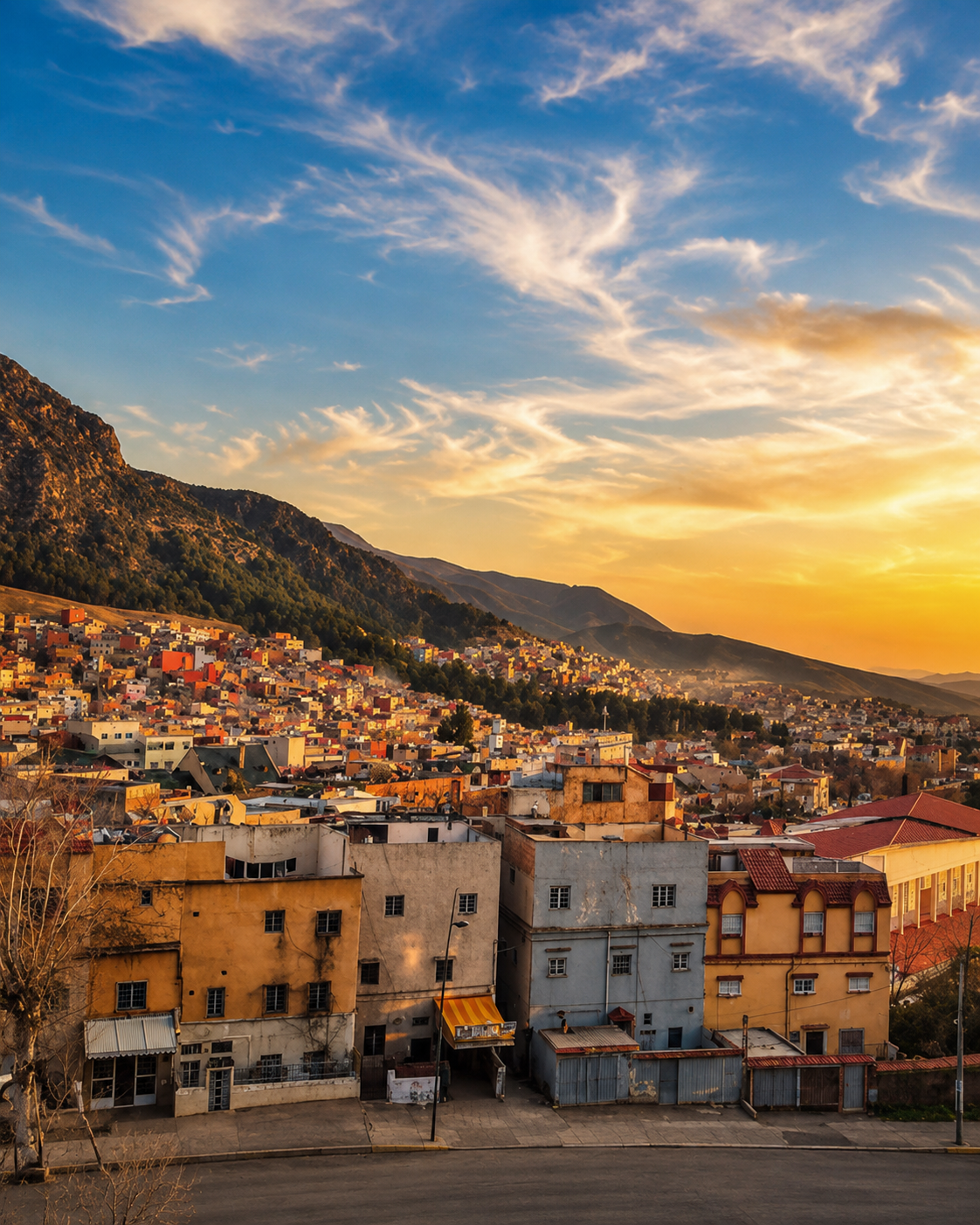 Azrou town at sunset below mountain slopes