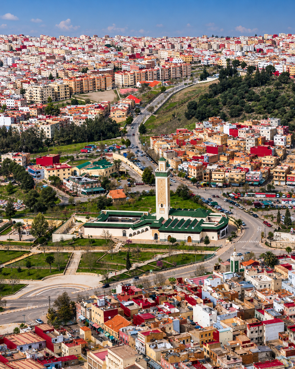 Azrou city overview with green-roofed civic buildings