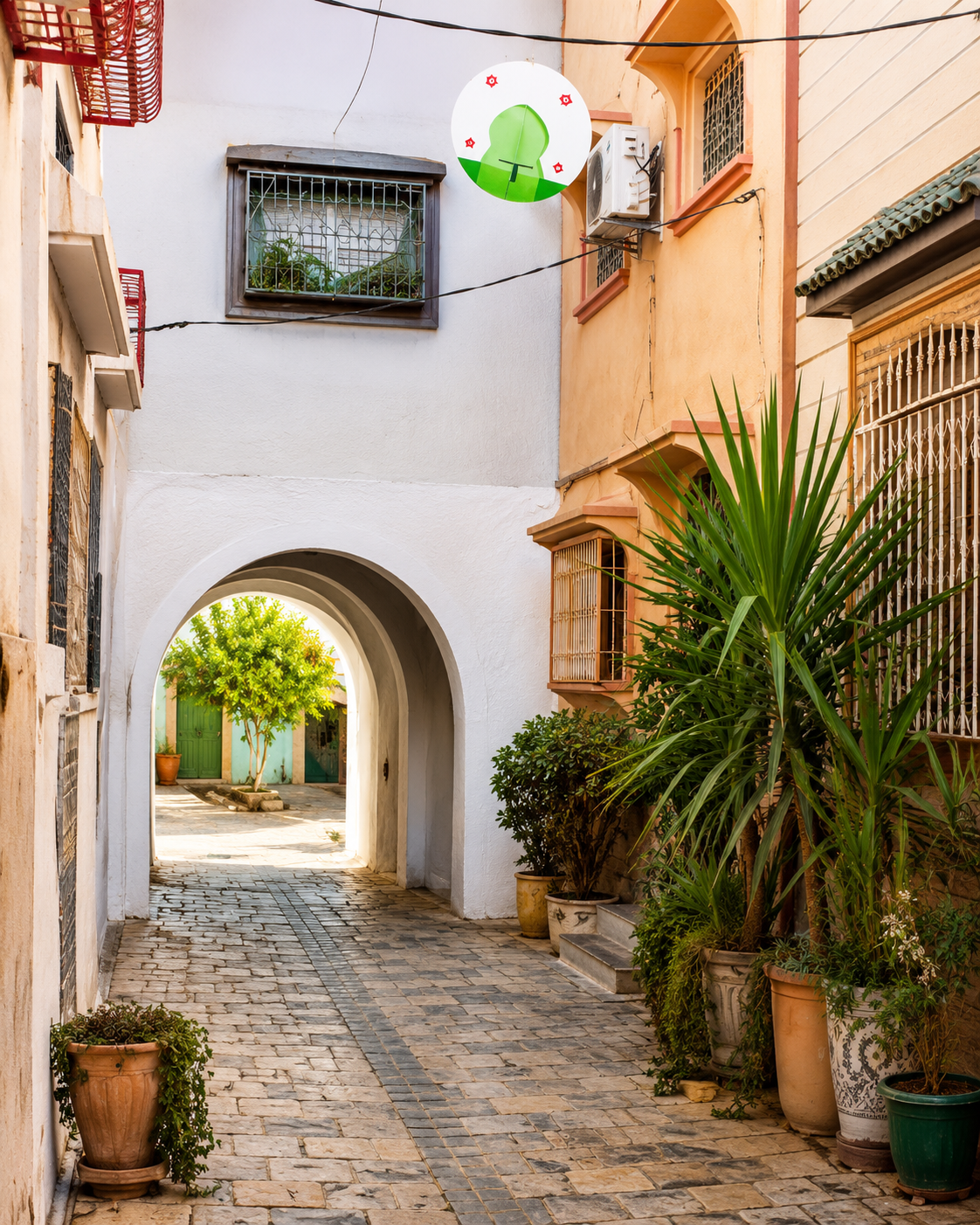 Residential lane with a white arch and potted plants