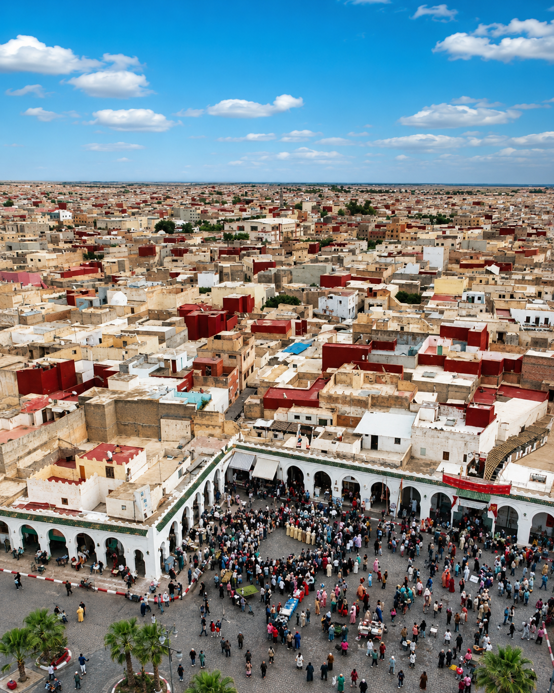 Supplied aerial view of a town square and surrounding Bejaad-Boujaad rooftops