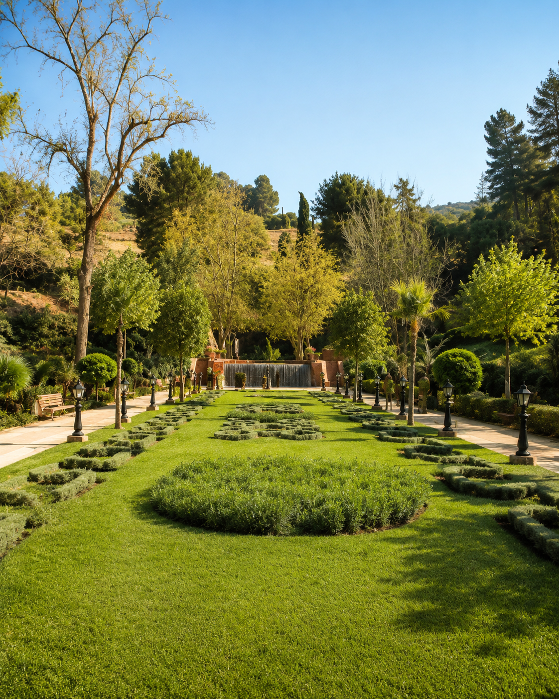 Formal planted gardens and shaded paths at Ain Asserdoun in Beni Mellal