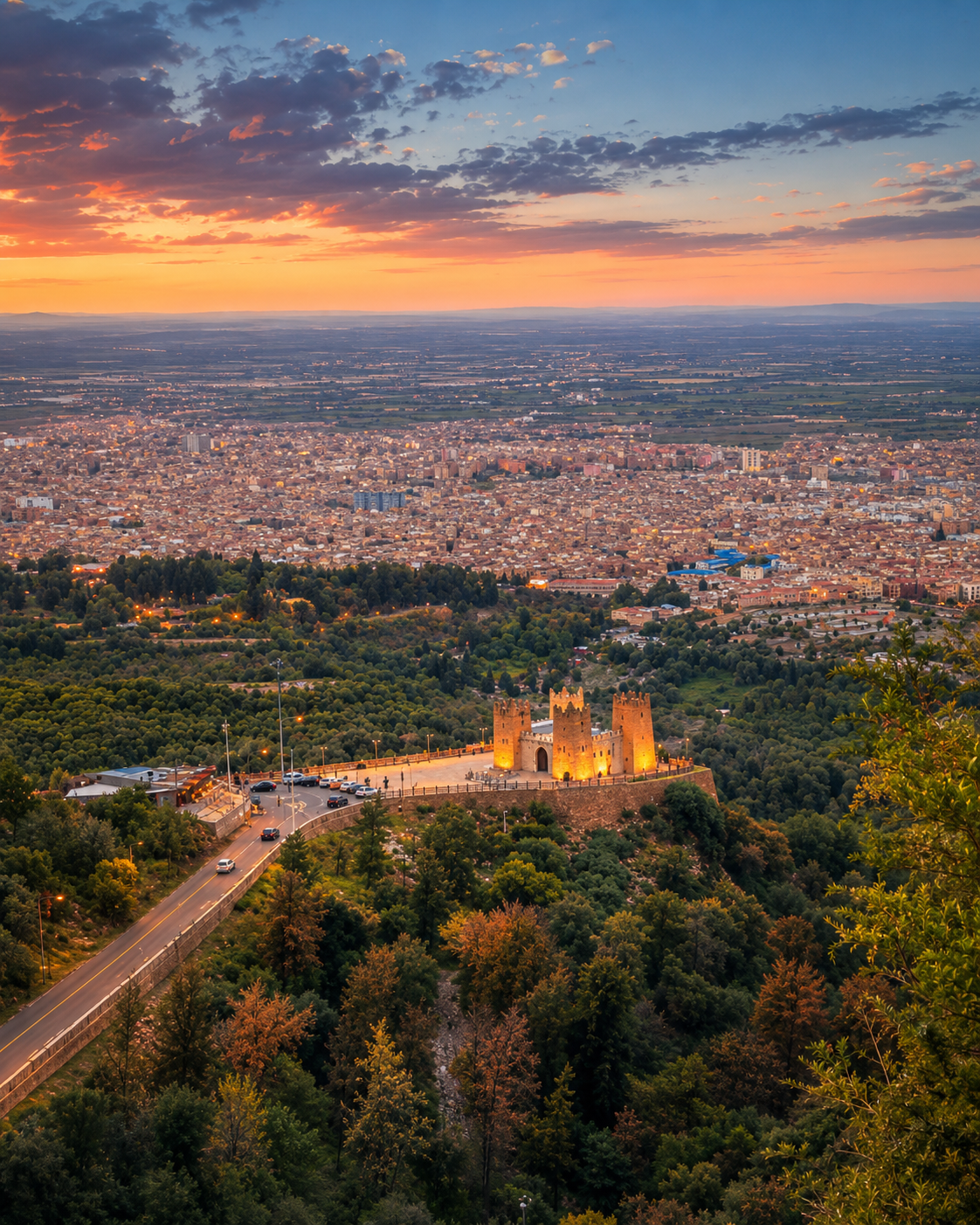 The illuminated Beni Mellal kasbah and the city spreading across the plain at sunset