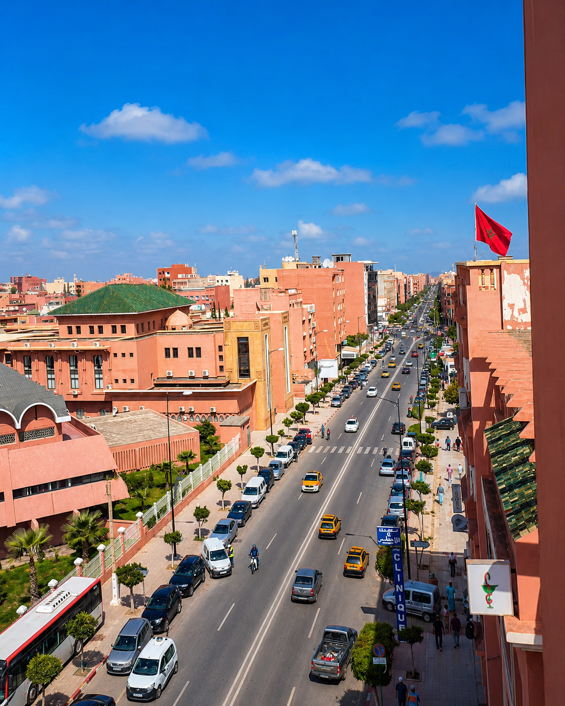 Shops, pedestrians and traffic along a central Beni Mellal street