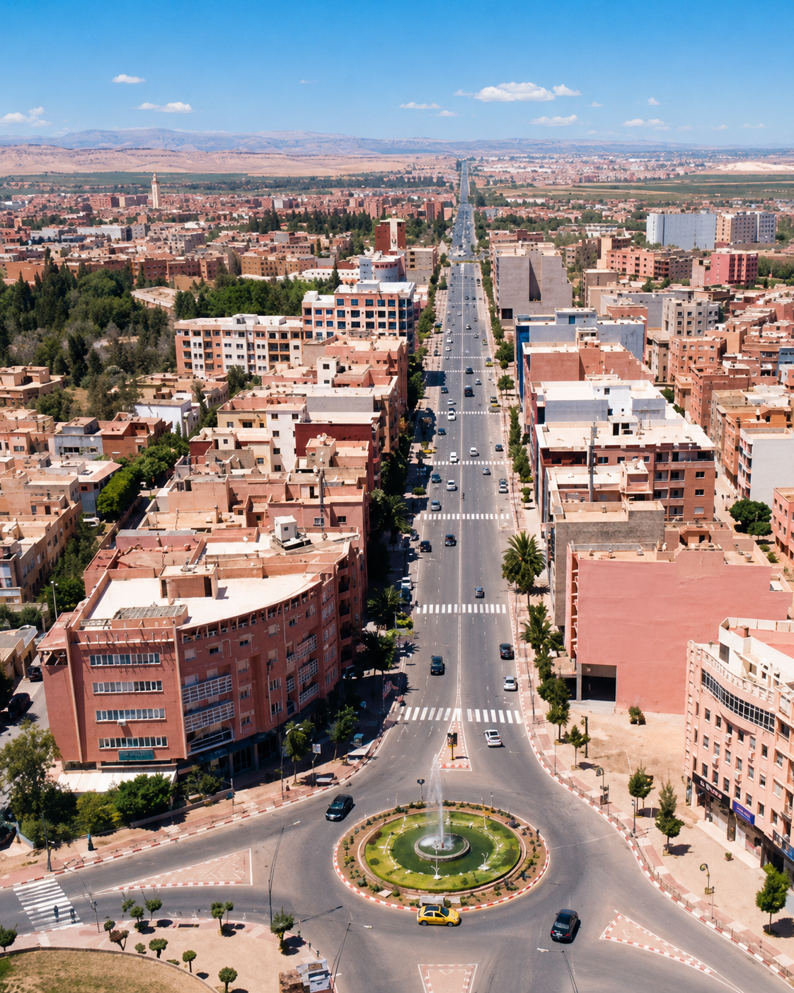 A broad Beni Mellal boulevard leading from a landscaped roundabout towards the plain