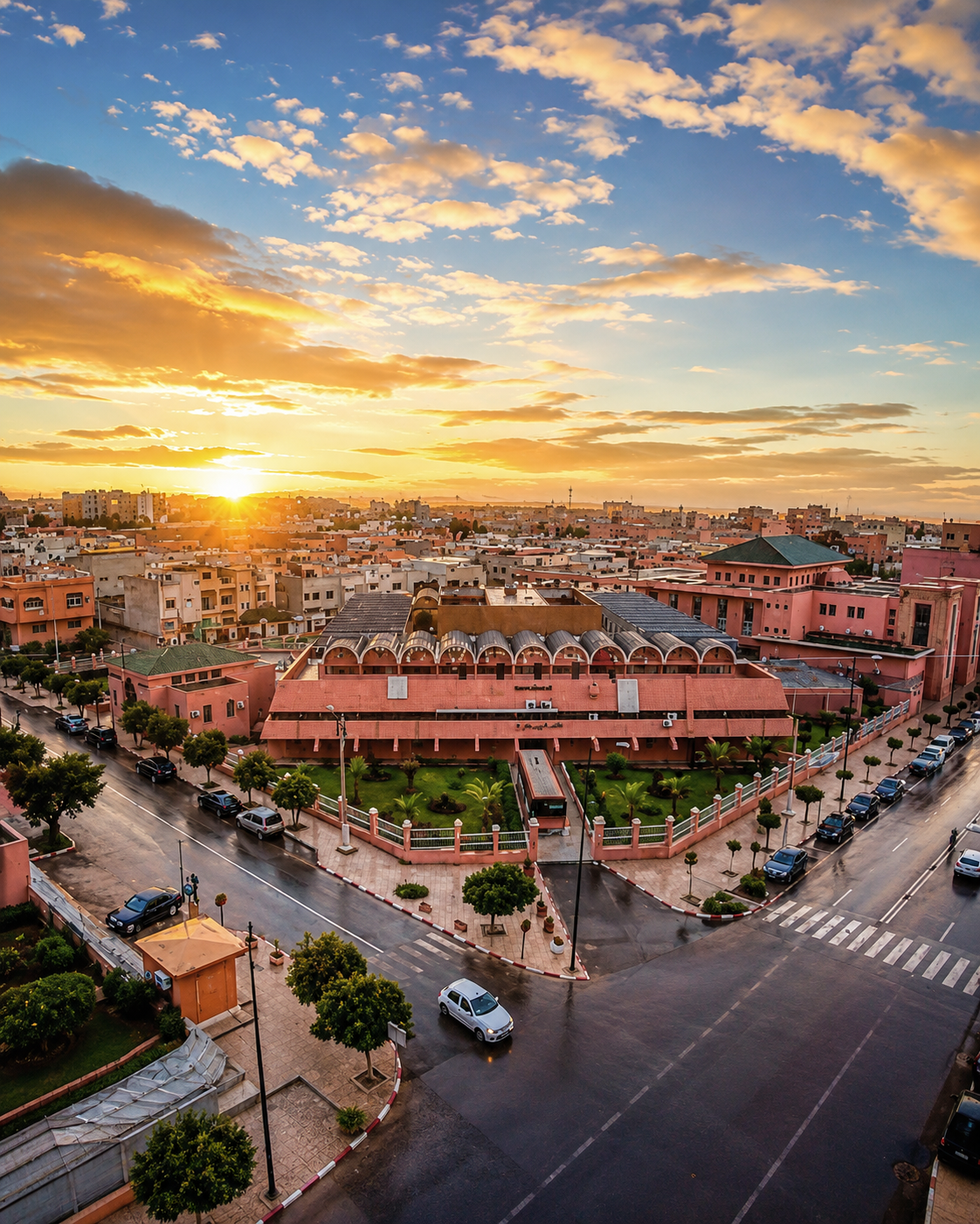 Warm-coloured buildings and intersecting streets in Beni Mellal at sunset