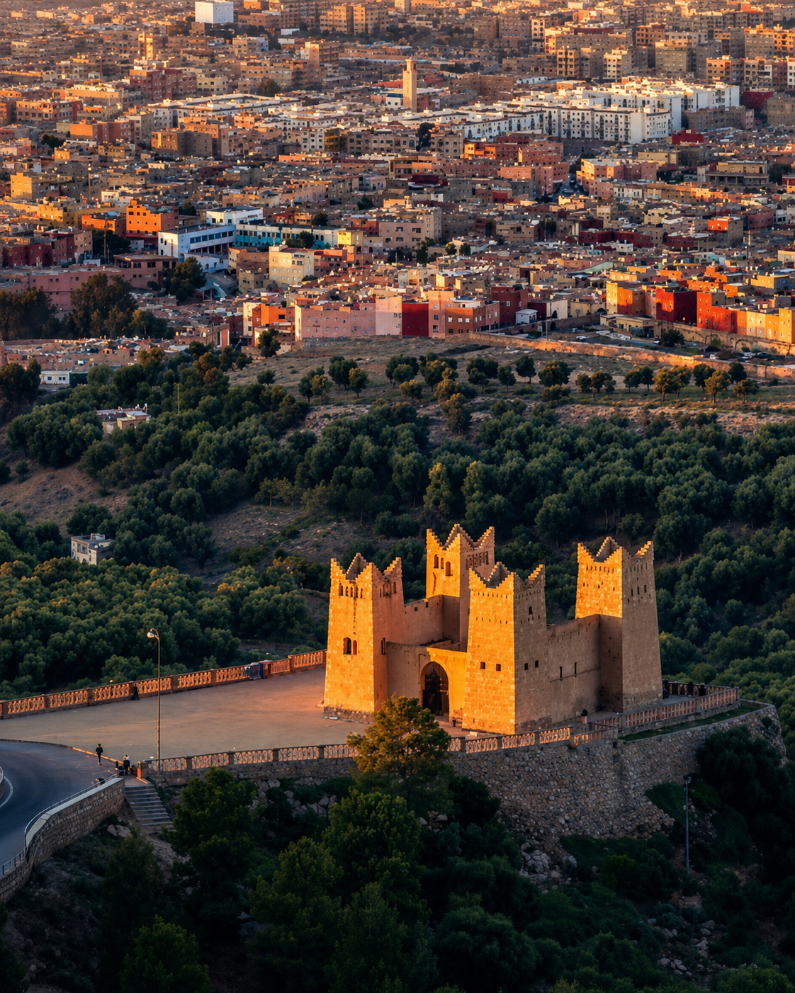 The illuminated Beni Mellal kasbah below the city at dusk