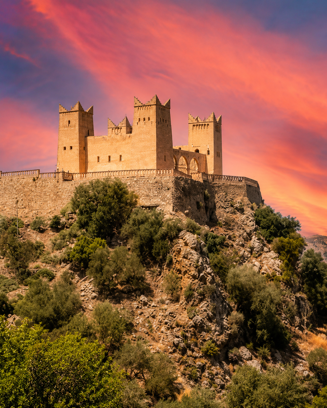 The crenellated Beni Mellal kasbah on its rocky hillside at sunset