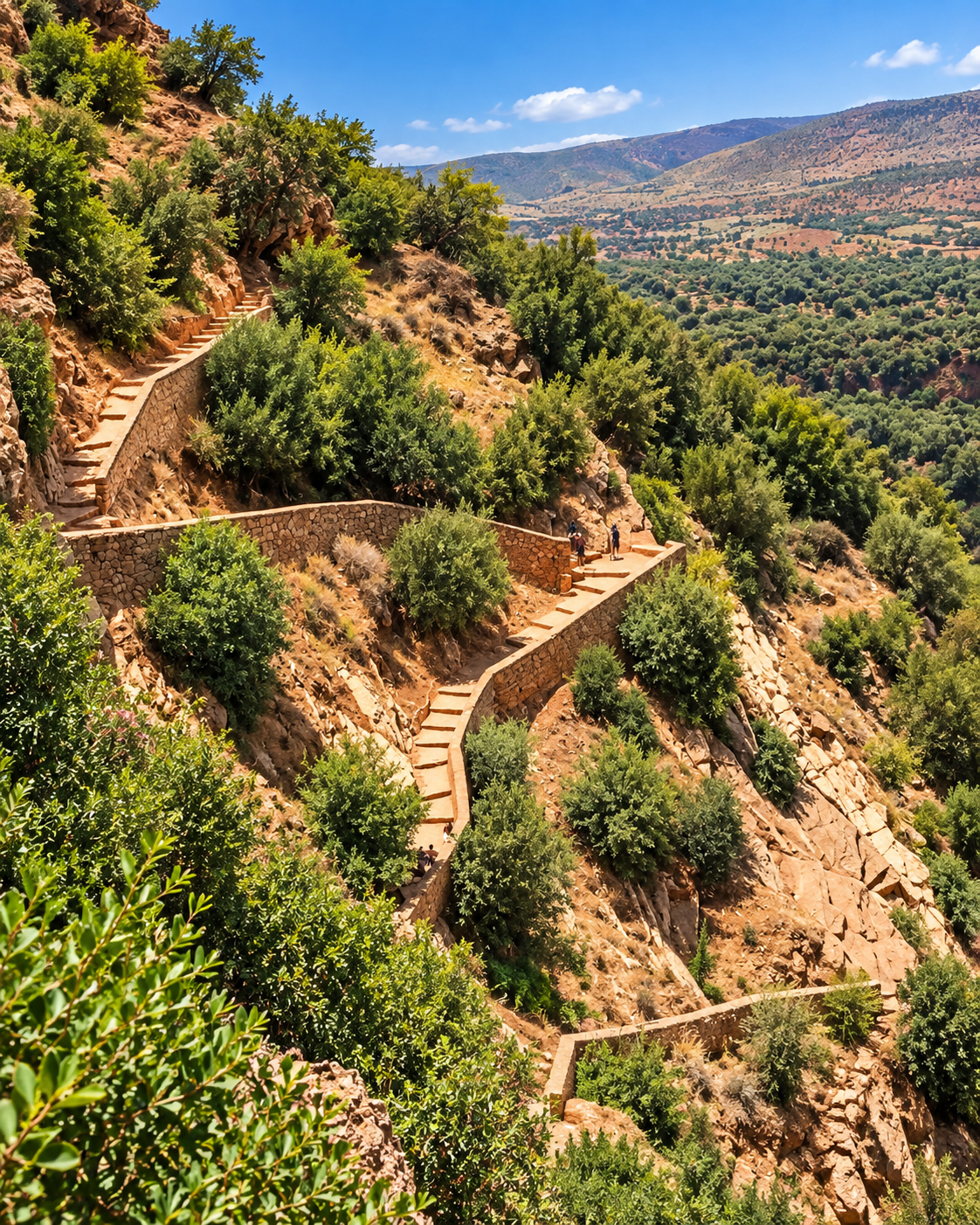 Stone steps winding across a wooded slope in the wider mountain landscape