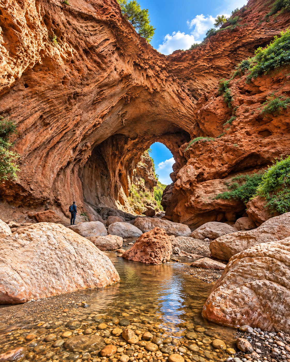 A tall natural rock arch above a shallow stream on a regional mountain excursion