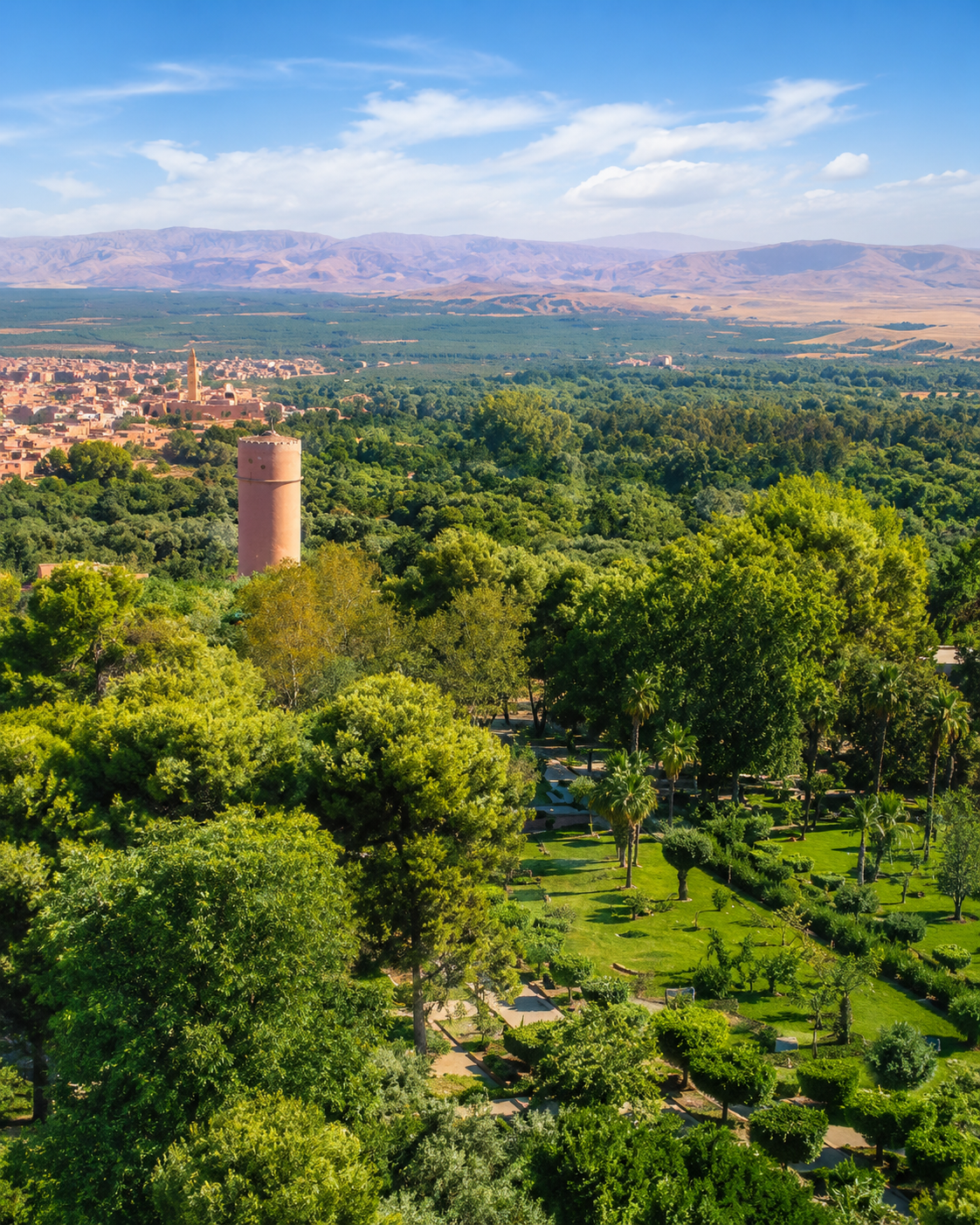 Green gardens and a tower overlooking the Tadla plain at Beni Mellal