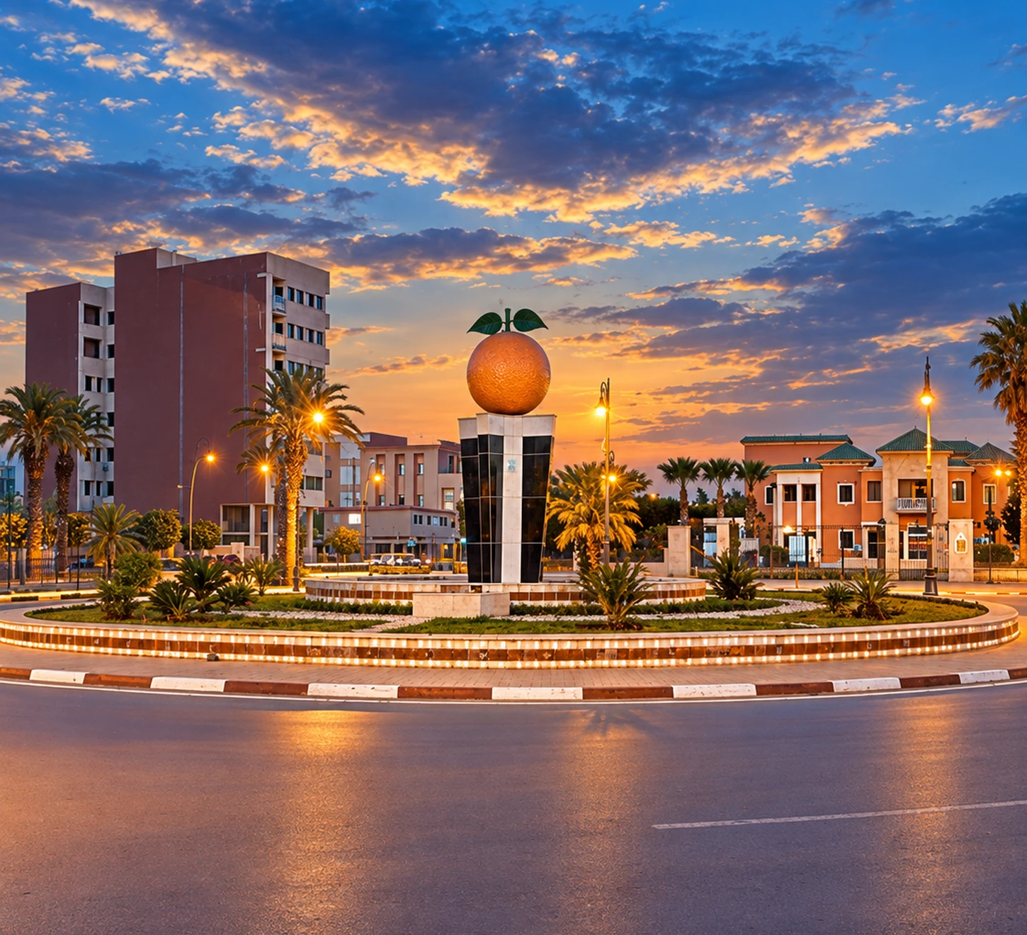 Evening light around an orange monument in Berkane