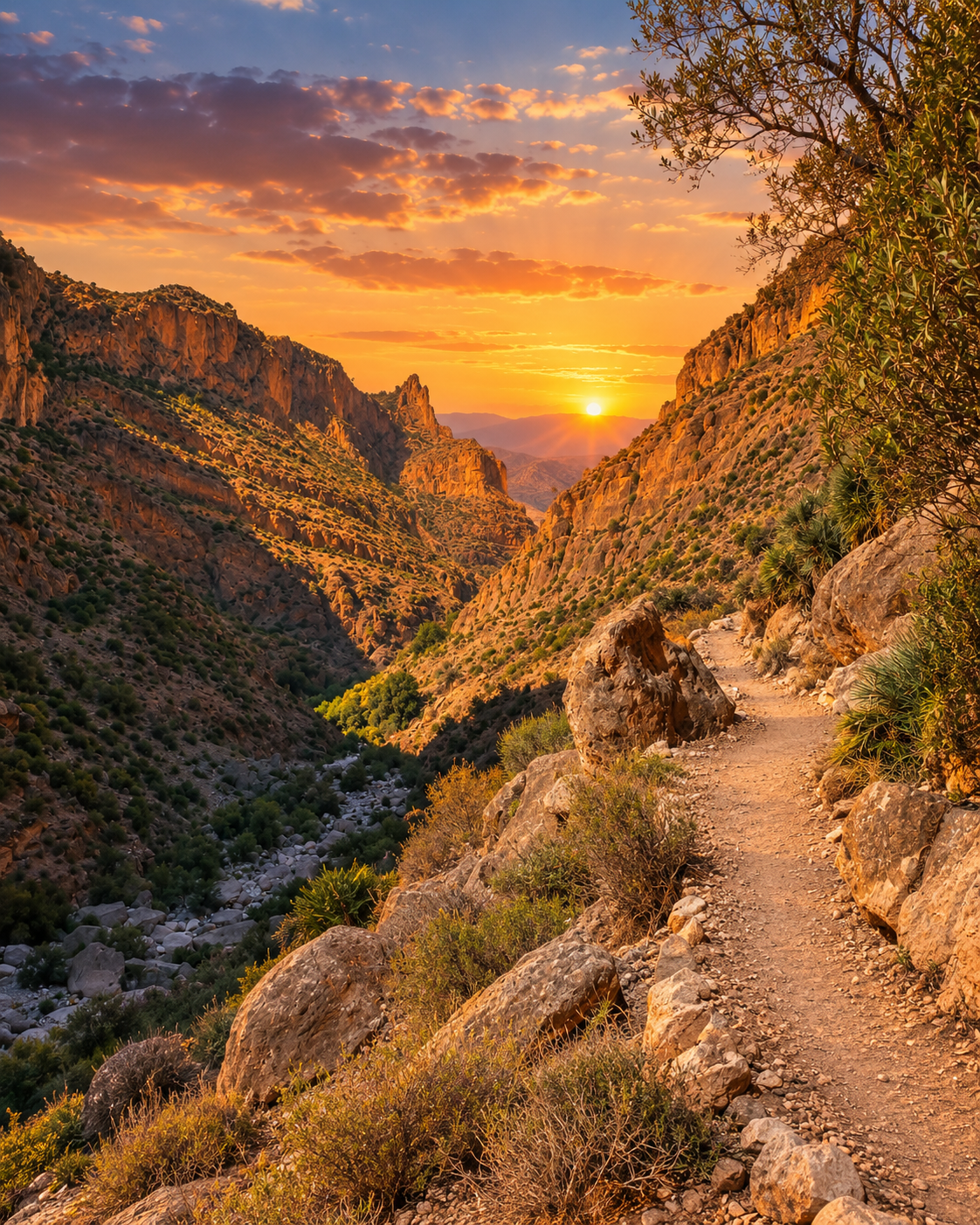 Rocky walking trail through the Beni Snassen mountains at sunset