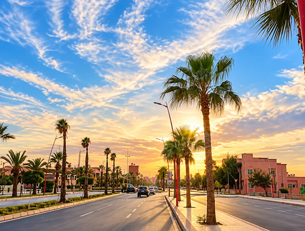 Palm-lined boulevard at sunset in Berkane