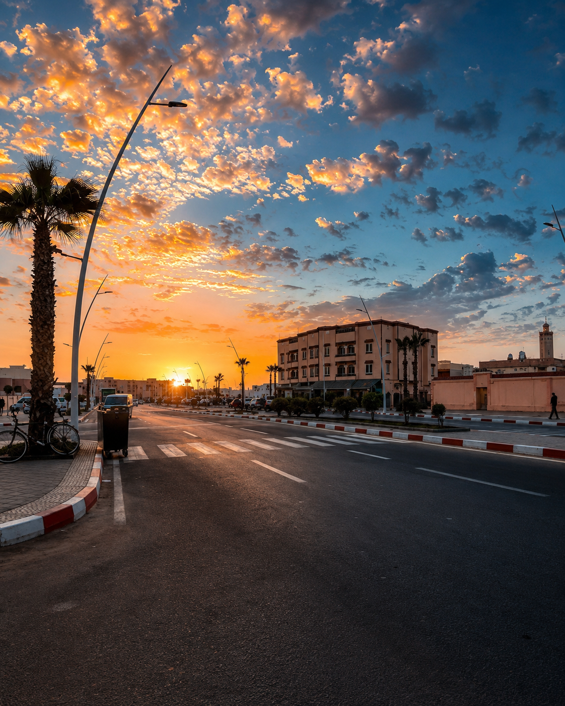 Boujdour boulevard and palm trees under an orange evening sky