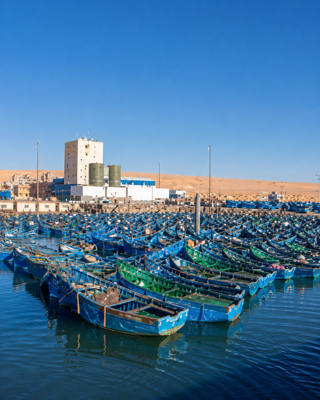 Blue and green fishing boats moored closely together in Boujdour harbour