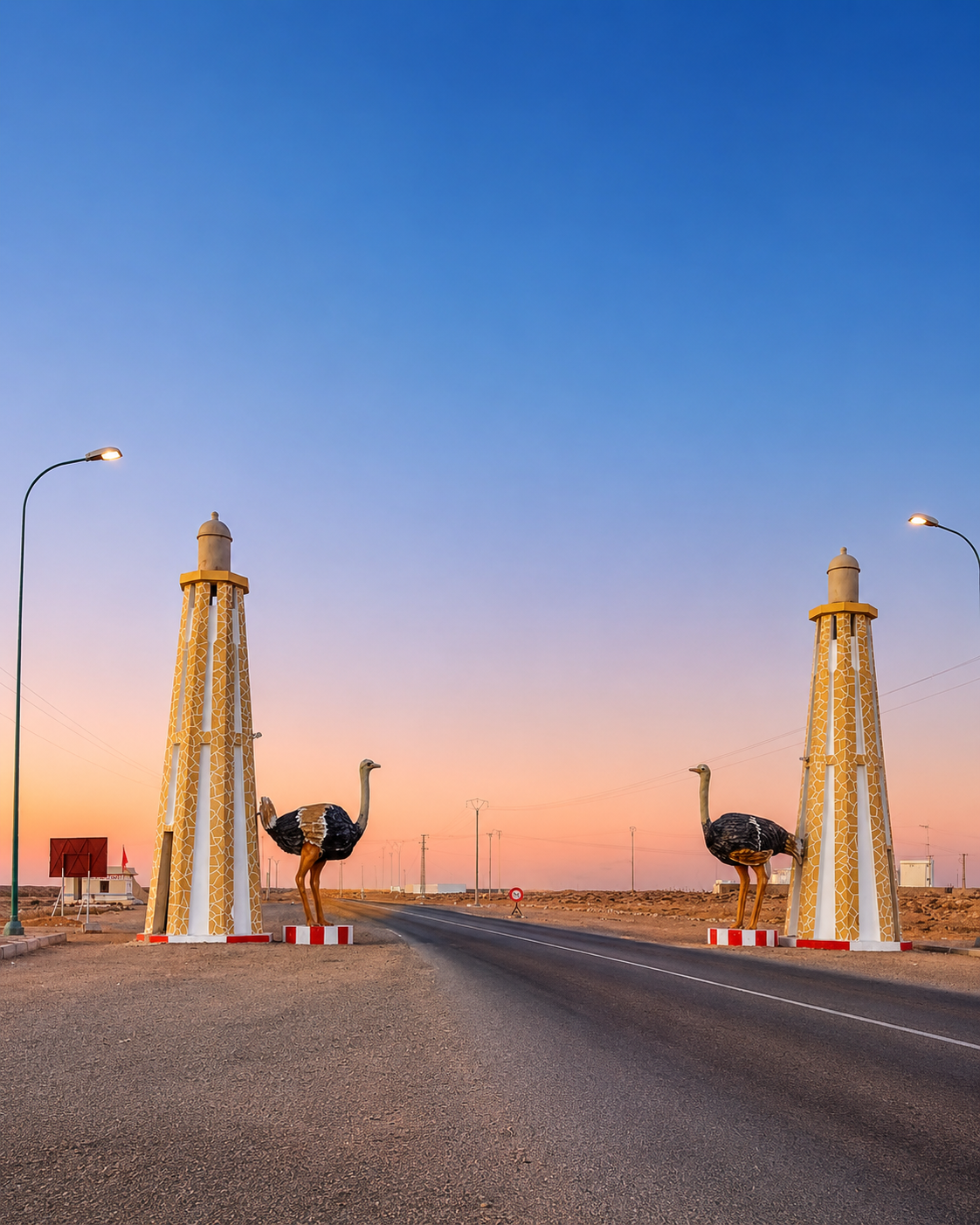 Boujdour entrance avenue between paired towers and ostrich sculptures at sunset