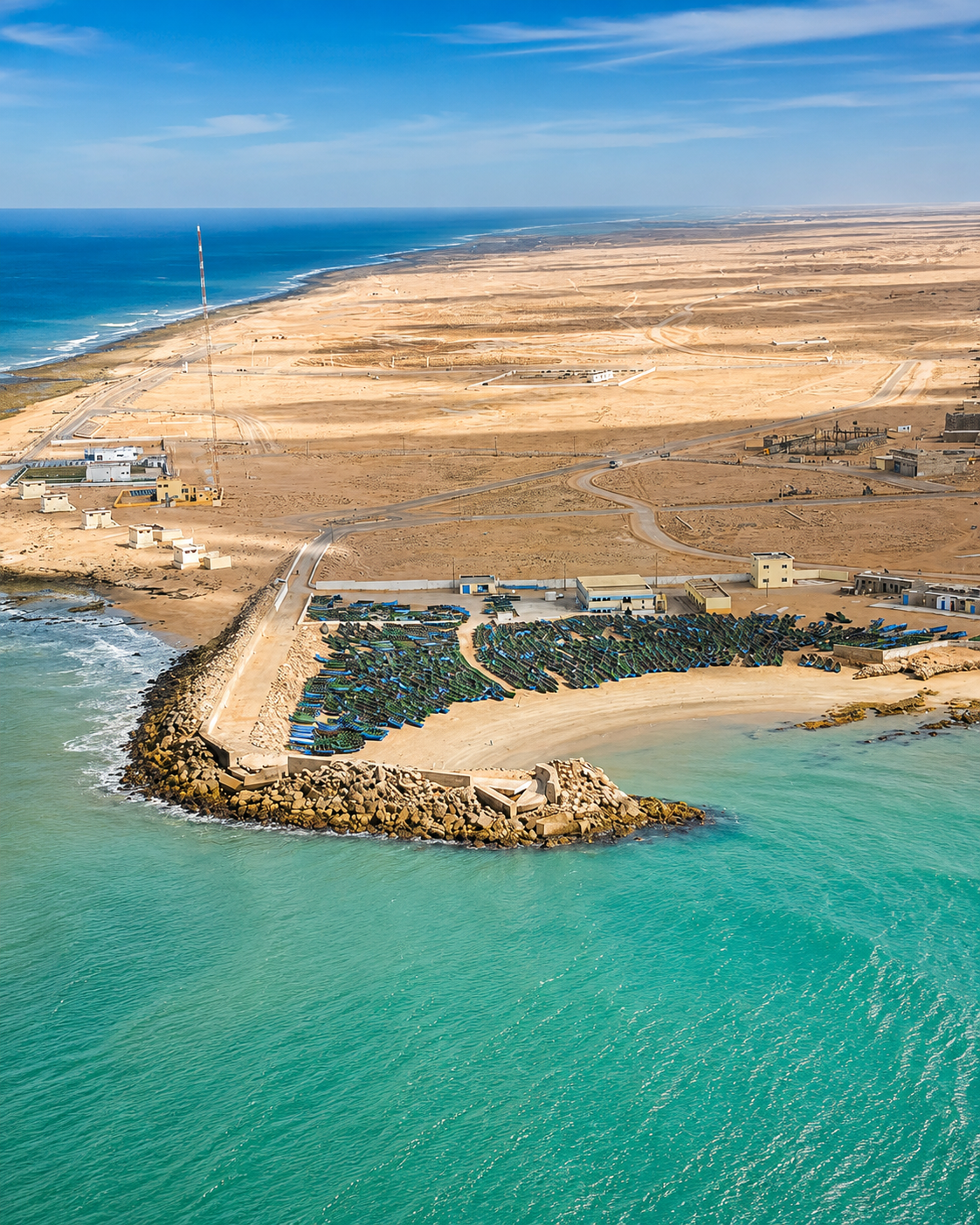Aerial view of Boujdour fishing harbour, breakwater and Saharan coastline