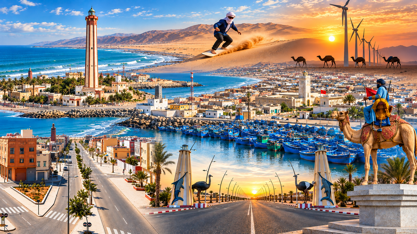 Editorial Boujdour collage combining the lighthouse, fishing harbour, city streets and Saharan travel imagery