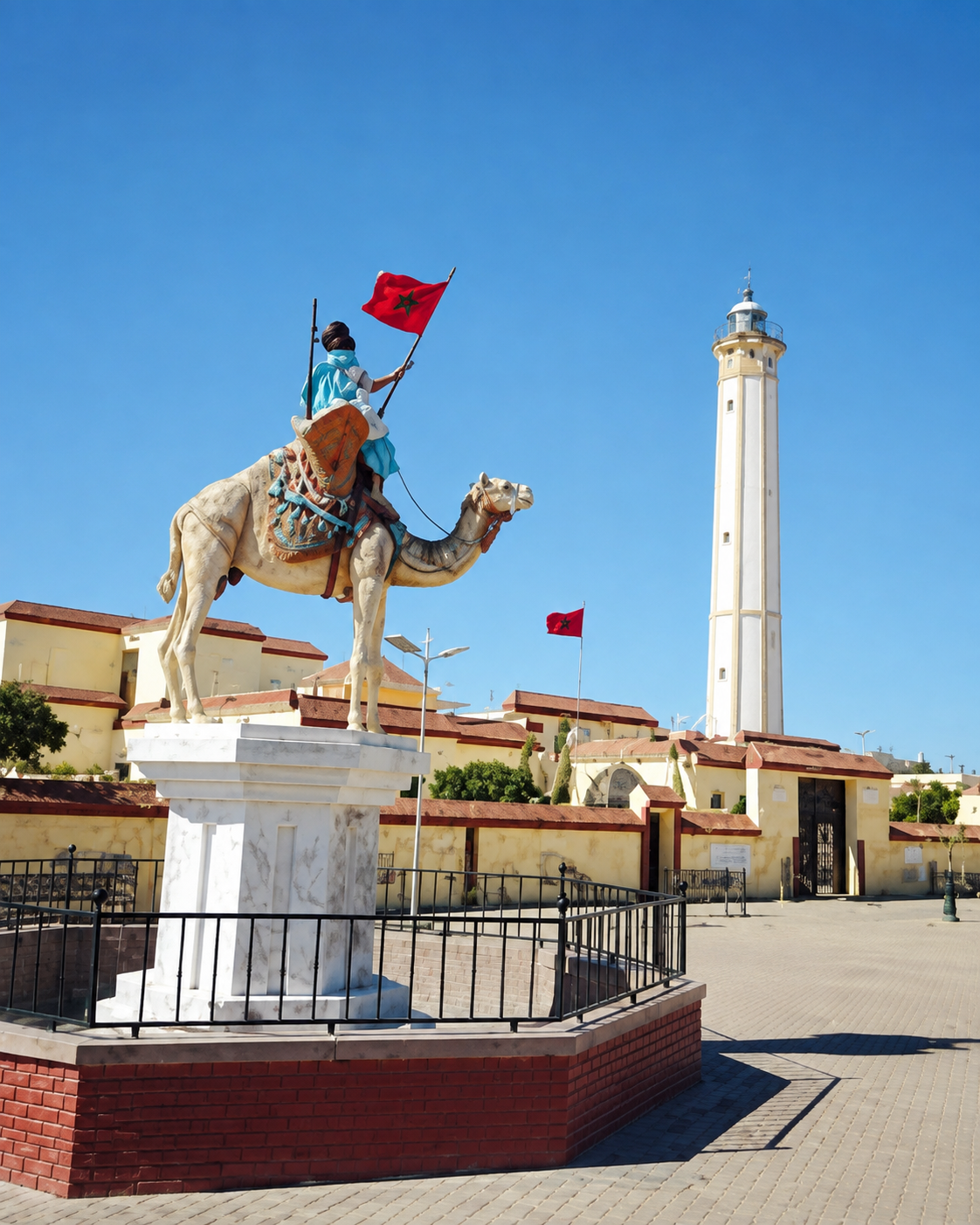 Camel-and-rider monument in Boujdour with the lighthouse behind it
