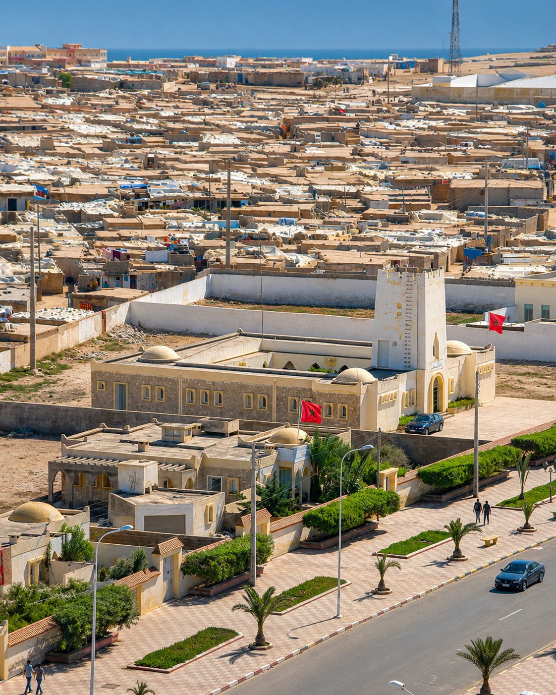 Mosque, palm-lined streets and low-rise Boujdour neighbourhoods seen from above