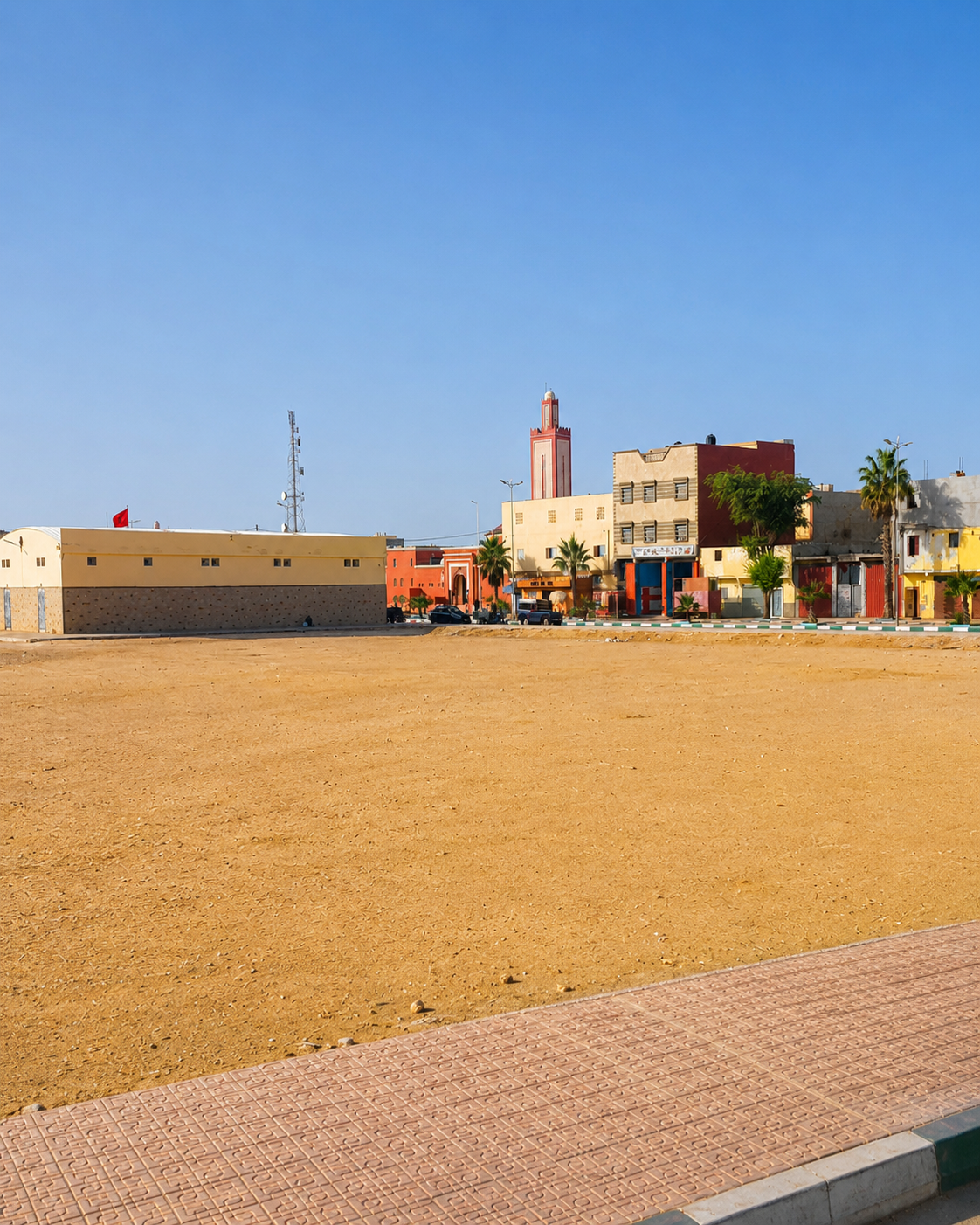 Open public space in Boujdour bordered by city buildings and a minaret