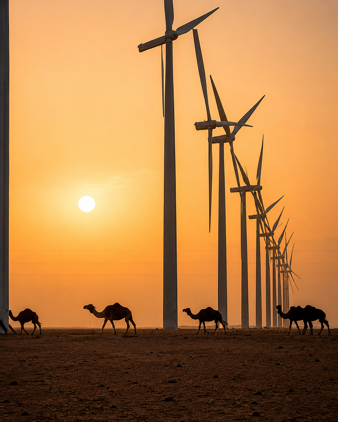 Camels silhouetted beneath wind turbines at sunset in the Saharan landscape