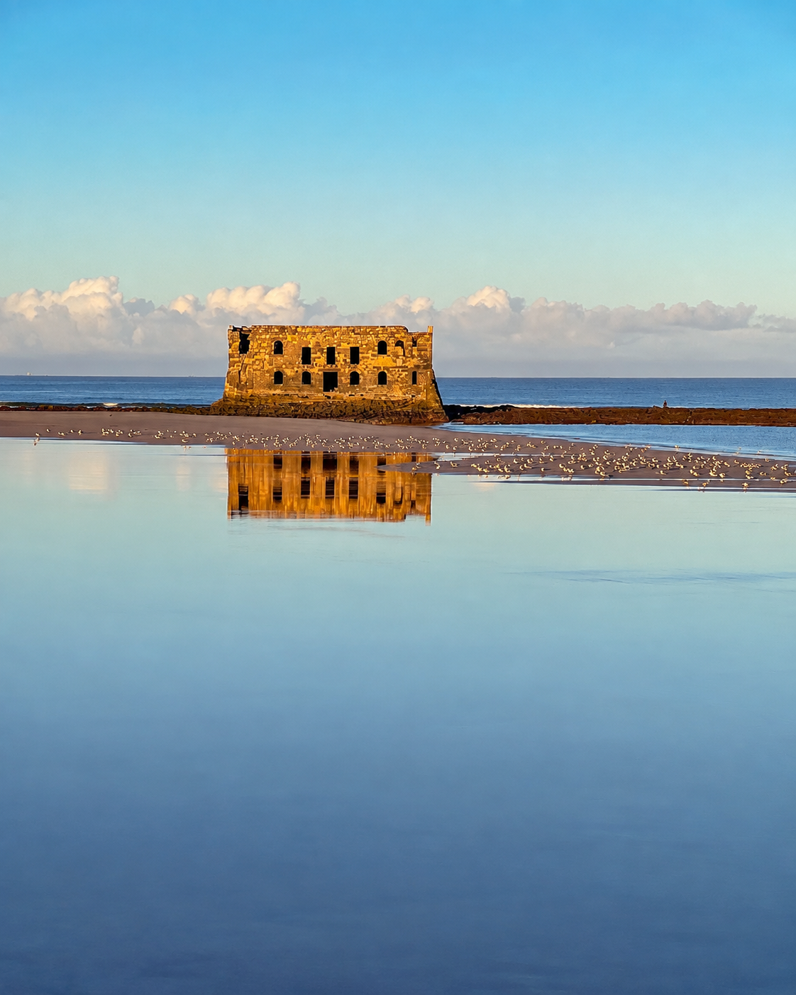 Casa del Mar offshore at Tarfaya, reflected in calm shallow water