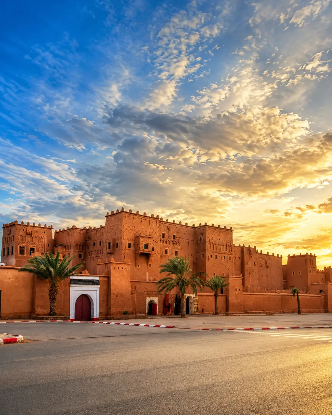 Ouarzazate earthen kasbah at sunset, the northern gateway context for Draa Valley
