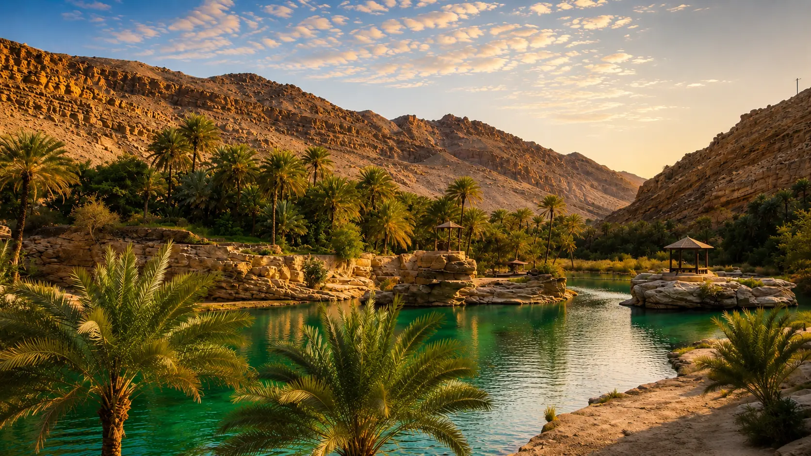 Palm oasis, water and desert mountains in the Draa Valley of southern Morocco