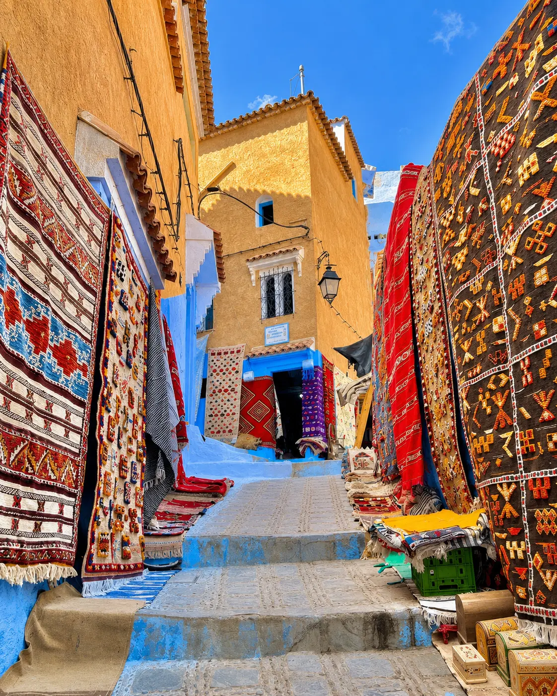 Chefchaouen blue and ochre lane with woven textiles, the city context for El Jebha Coast