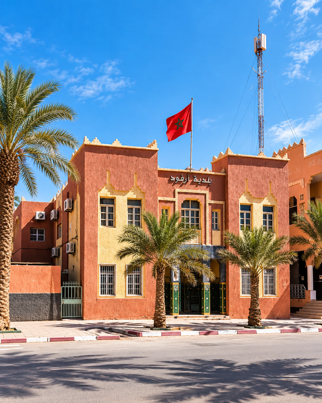 Erfoud’s municipal building with date palms and the Moroccan flag